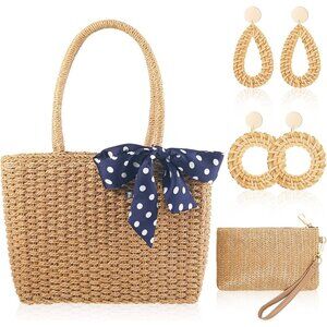 Bohemian Straw Beach Bag Set with Rattan Earrings and Polka Dot Scarf for Women